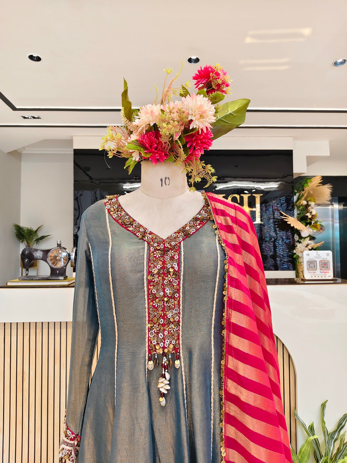 Grace Blue & Hot Pink Tissue Anarkali Set