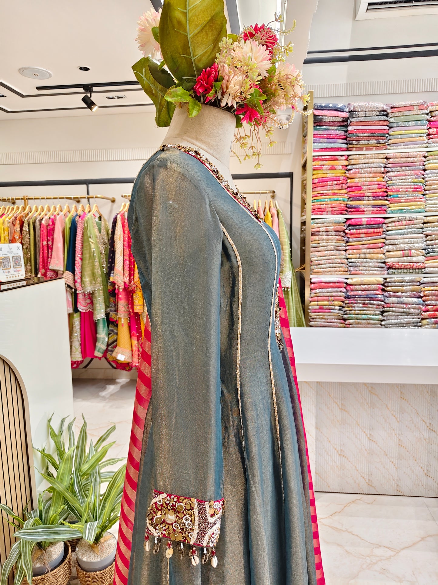 Grace Blue & Hot Pink Tissue Anarkali Set