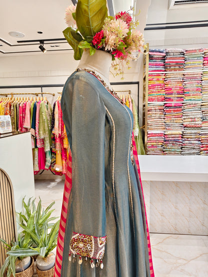 Grace Blue & Hot Pink Tissue Anarkali Set