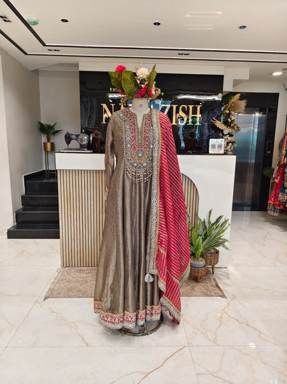 Grey & Hot Pink Tissue Anarkali Set