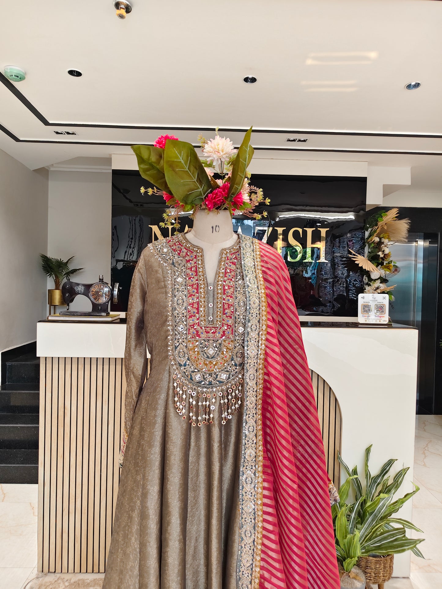 Grey & Hot Pink Tissue Anarkali Set