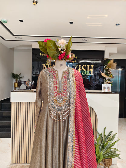 Grey & Hot Pink Tissue Anarkali Set