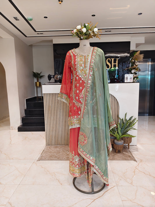 Rust & Mint Green Tissue Sharara Set