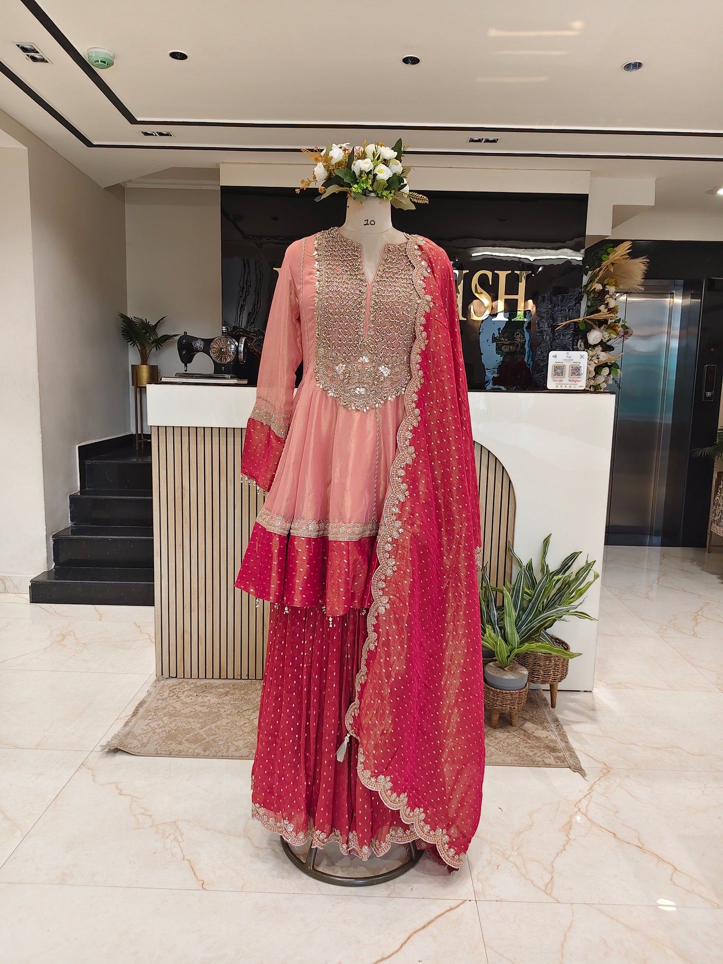 Baby Pink & Hot Pink Short Anarkali Garara Set