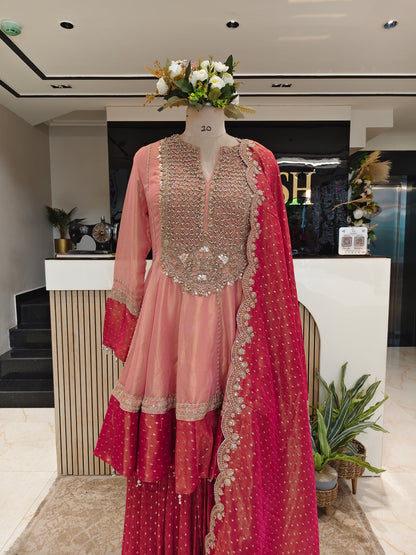 Baby Pink & Hot Pink Short Anarkali Garara Set