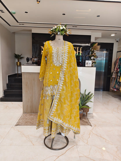 Mustard Tissue Kurta Sharara Set