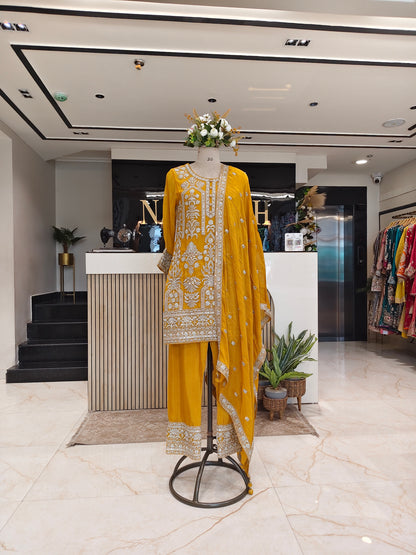 Mustard Chinon Kurta Farshi Salwar Set