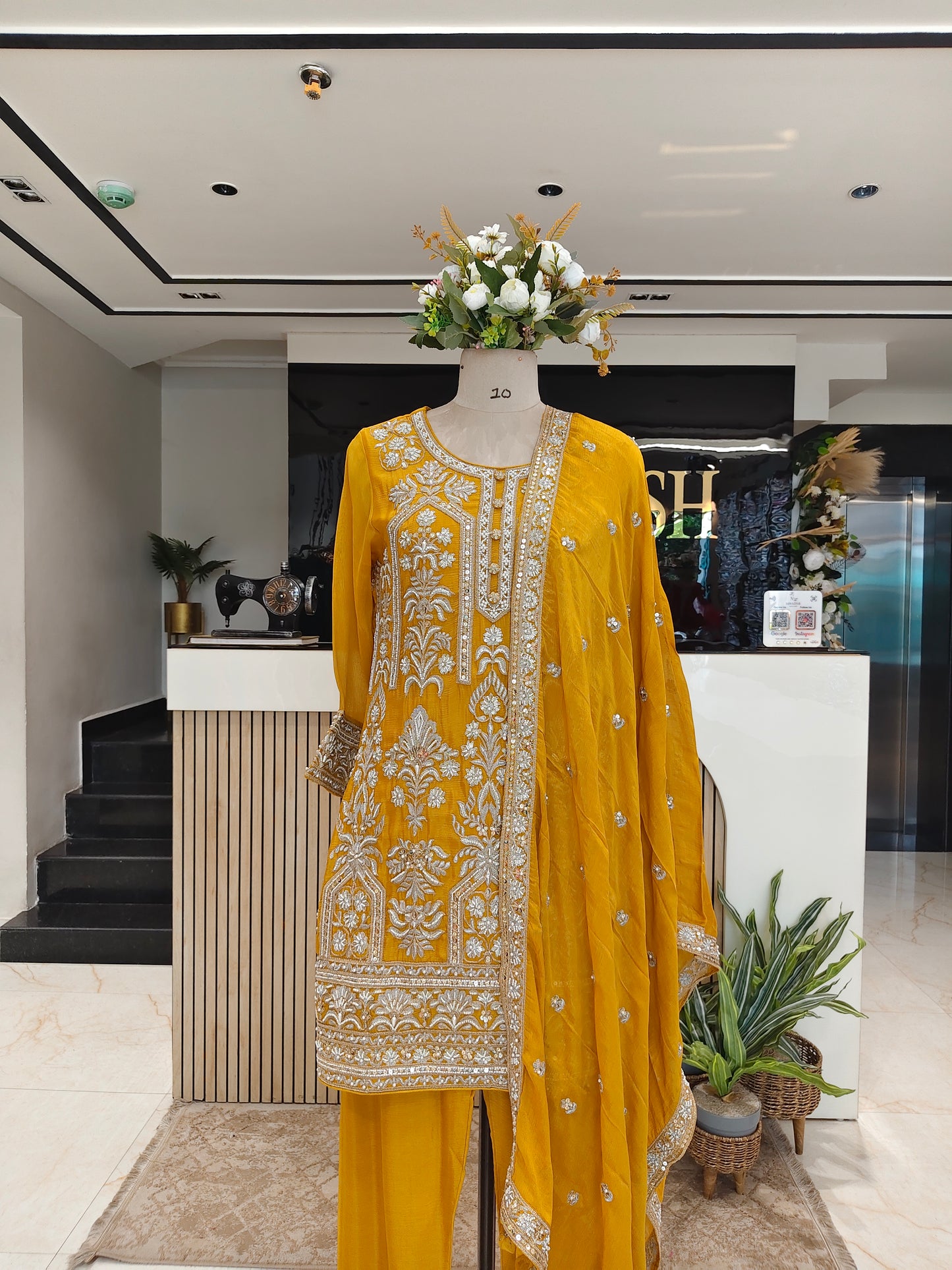 Mustard Chinon Kurta Farshi Salwar Set
