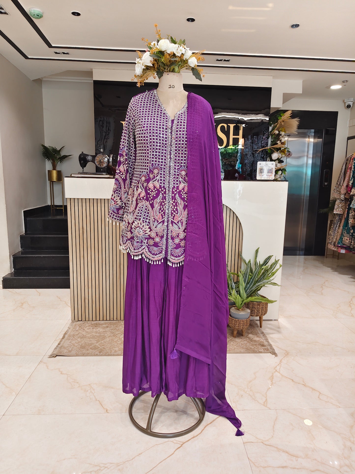 Purple Chinon Kurta Sharara Set