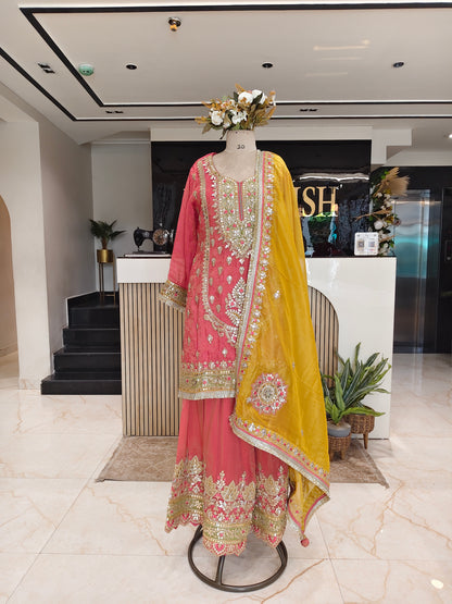 Carrot Pink & Yellow Tissue Sharara Set