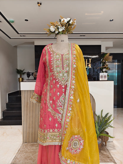 Carrot Pink & Yellow Tissue Sharara Set