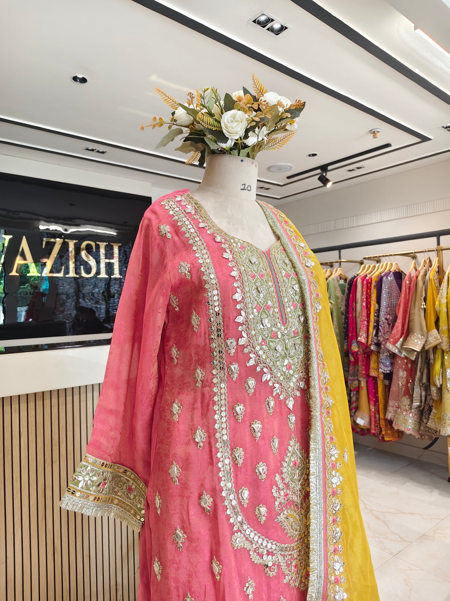 Carrot Pink & Yellow Tissue Sharara Set