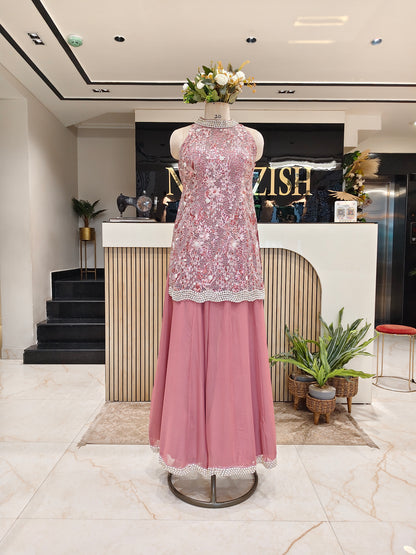 Onion Pink Net Indo-Western Set