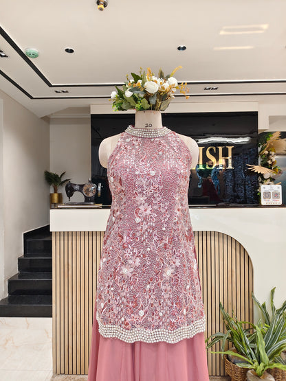 Onion Pink Net Indo-Western Set