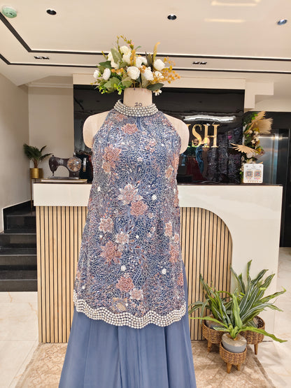Blue Net Indo-Western Sharara Set