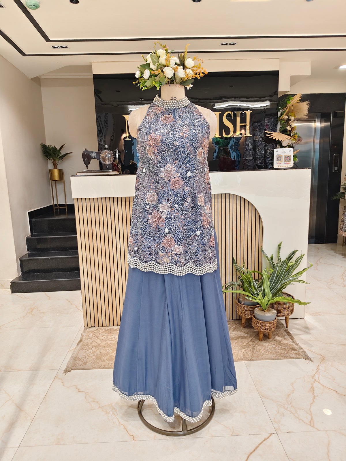 Blue Net Indo-Western Sharara Set