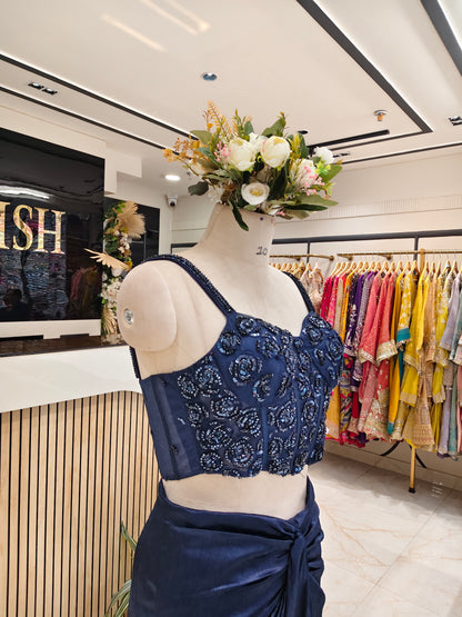 Navy Blue Crush Satin Indo-Western Set