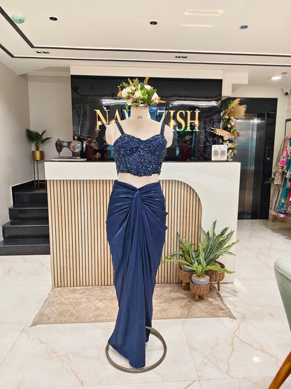 Navy Blue Crush Satin Indo-Western Set