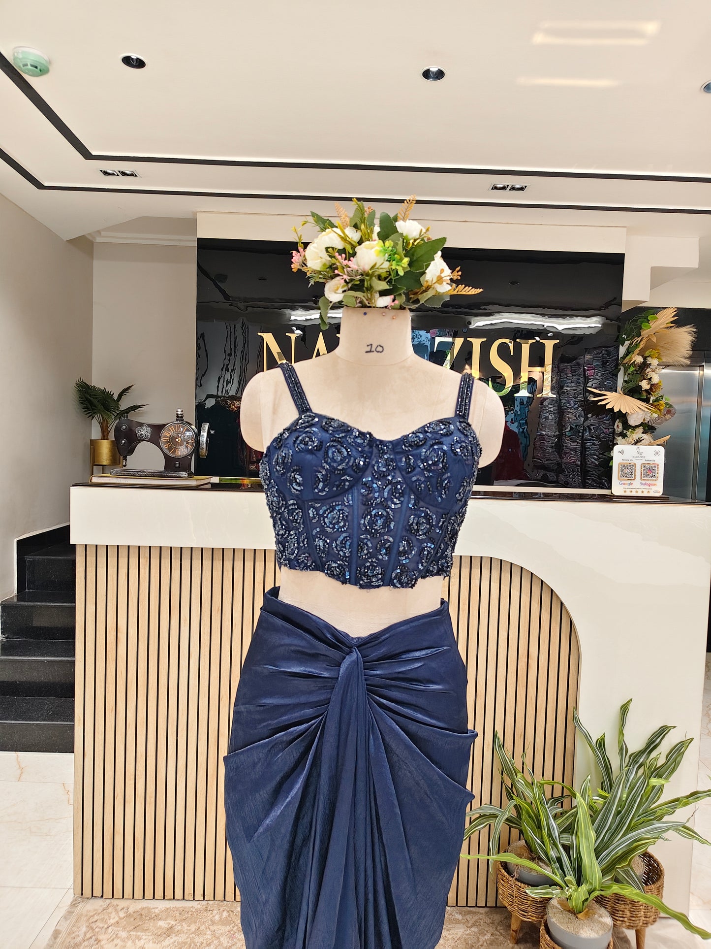 Navy Blue Crush Satin Indo-Western Set
