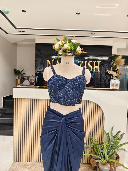 Navy Blue Crush Satin Indo-Western Set