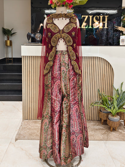 Maroon Brocade Silk Indo-Western Sharara Set