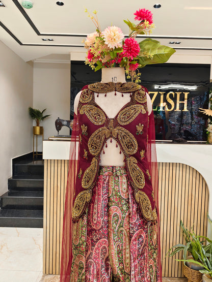 Maroon Brocade Silk Indo-Western Sharara Set