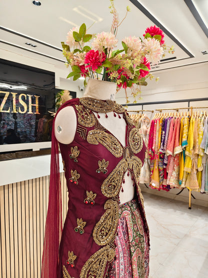 Maroon Brocade Silk Indo-Western Sharara Set
