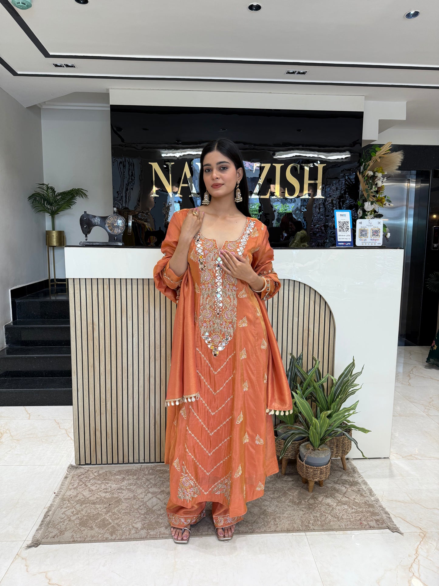 Elegant Tissue Suit with Mirror Work & Zari Work Dupatta