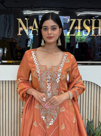 Elegant Tissue Suit with Mirror Work & Zari Work Dupatta