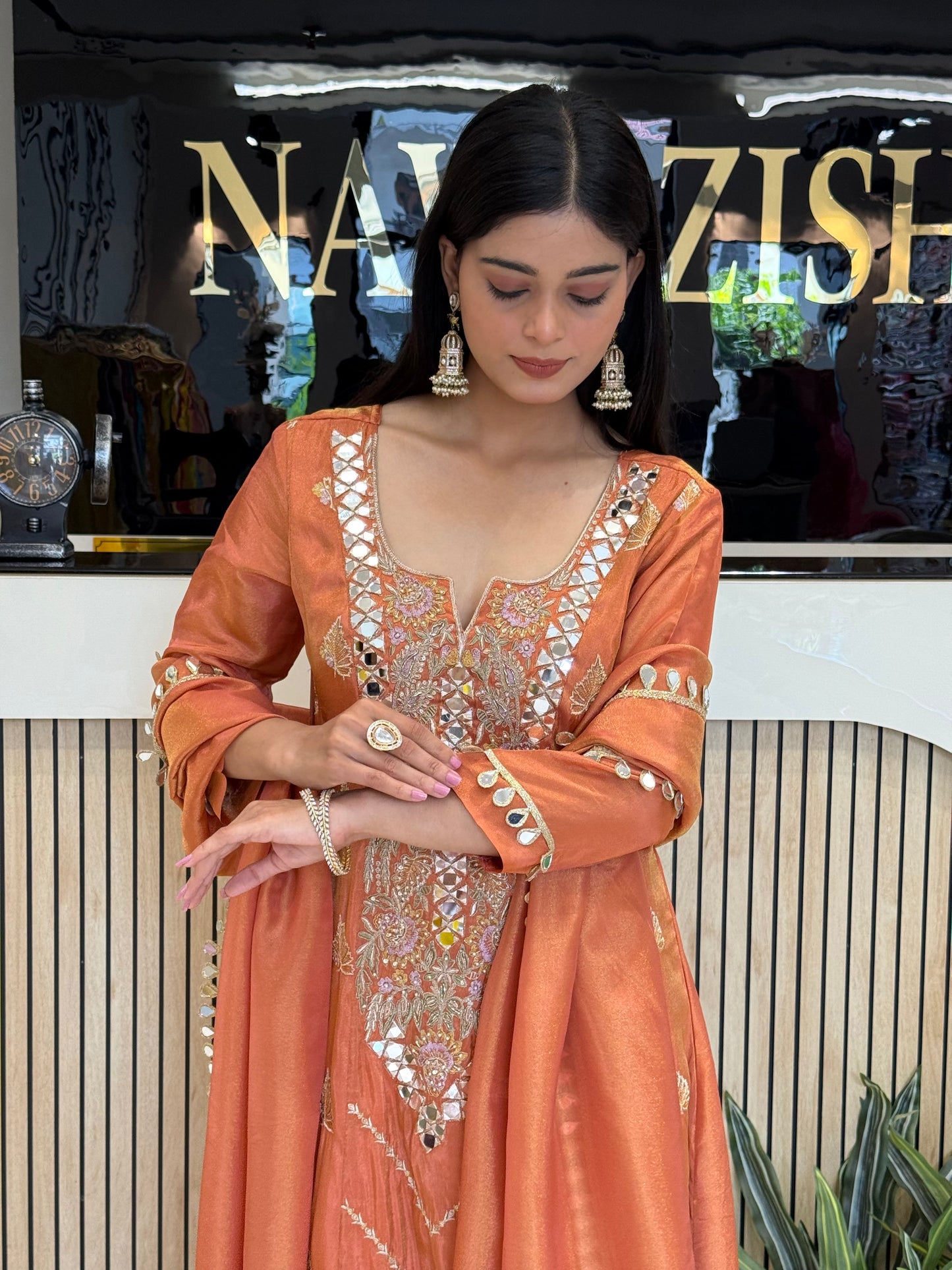 Elegant Tissue Suit with Mirror Work & Zari Work Dupatta