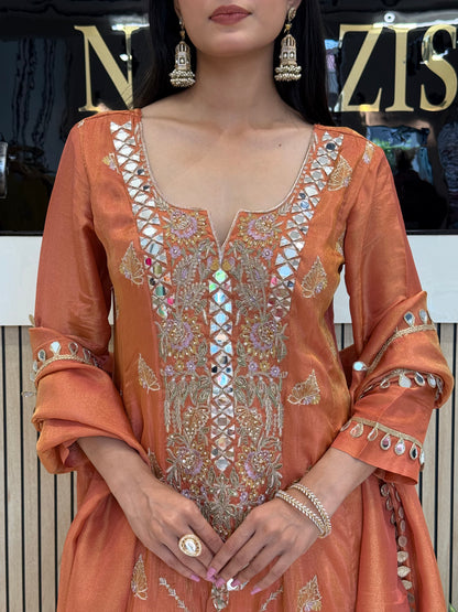 Elegant Tissue Suit with Mirror Work & Zari Work Dupatta