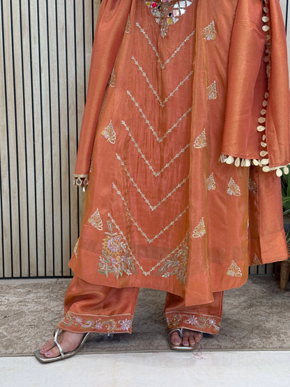 Elegant Tissue Suit with Mirror Work & Zari Work Dupatta