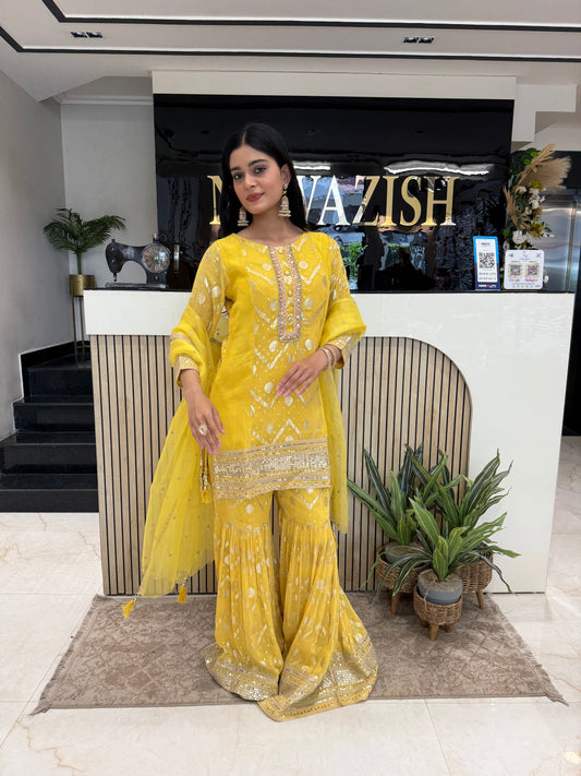 Yellow Khaddi Georgette Garara Suit with Zari, Sequence & Resham Work