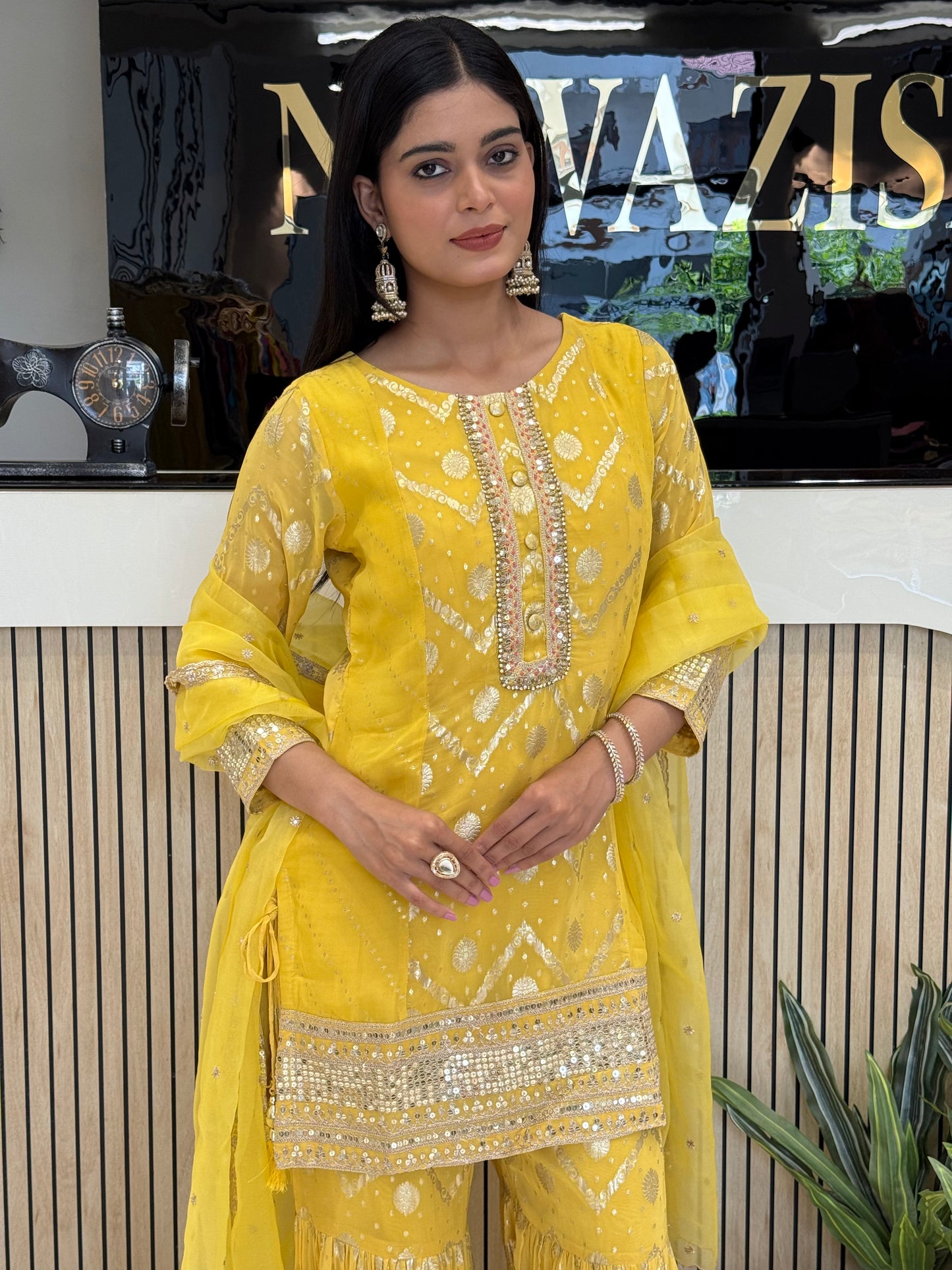 Yellow Khaddi Georgette Garara Suit with Zari, Sequence & Resham Work