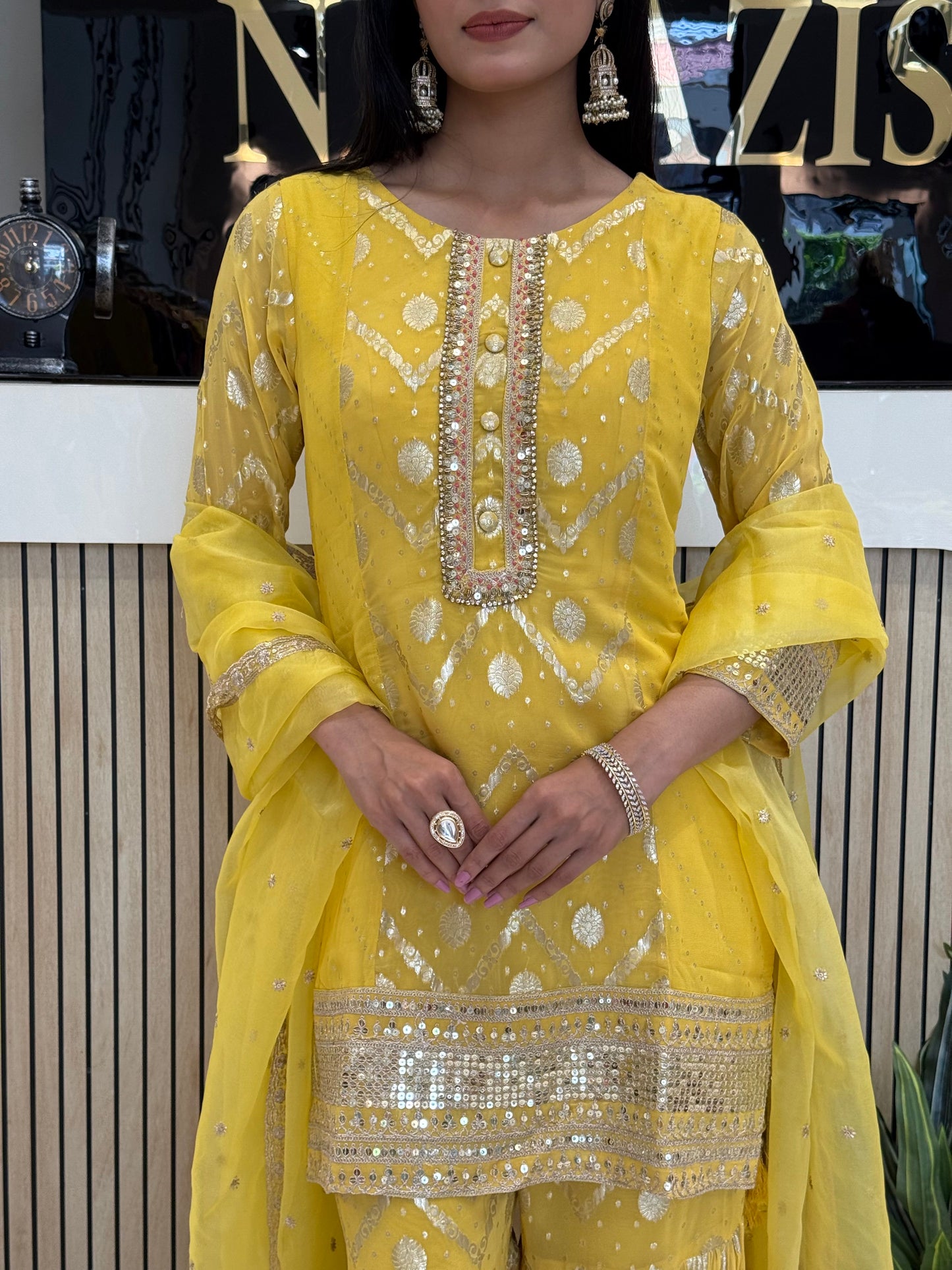 Yellow Khaddi Georgette Garara Suit with Zari, Sequence & Resham Work
