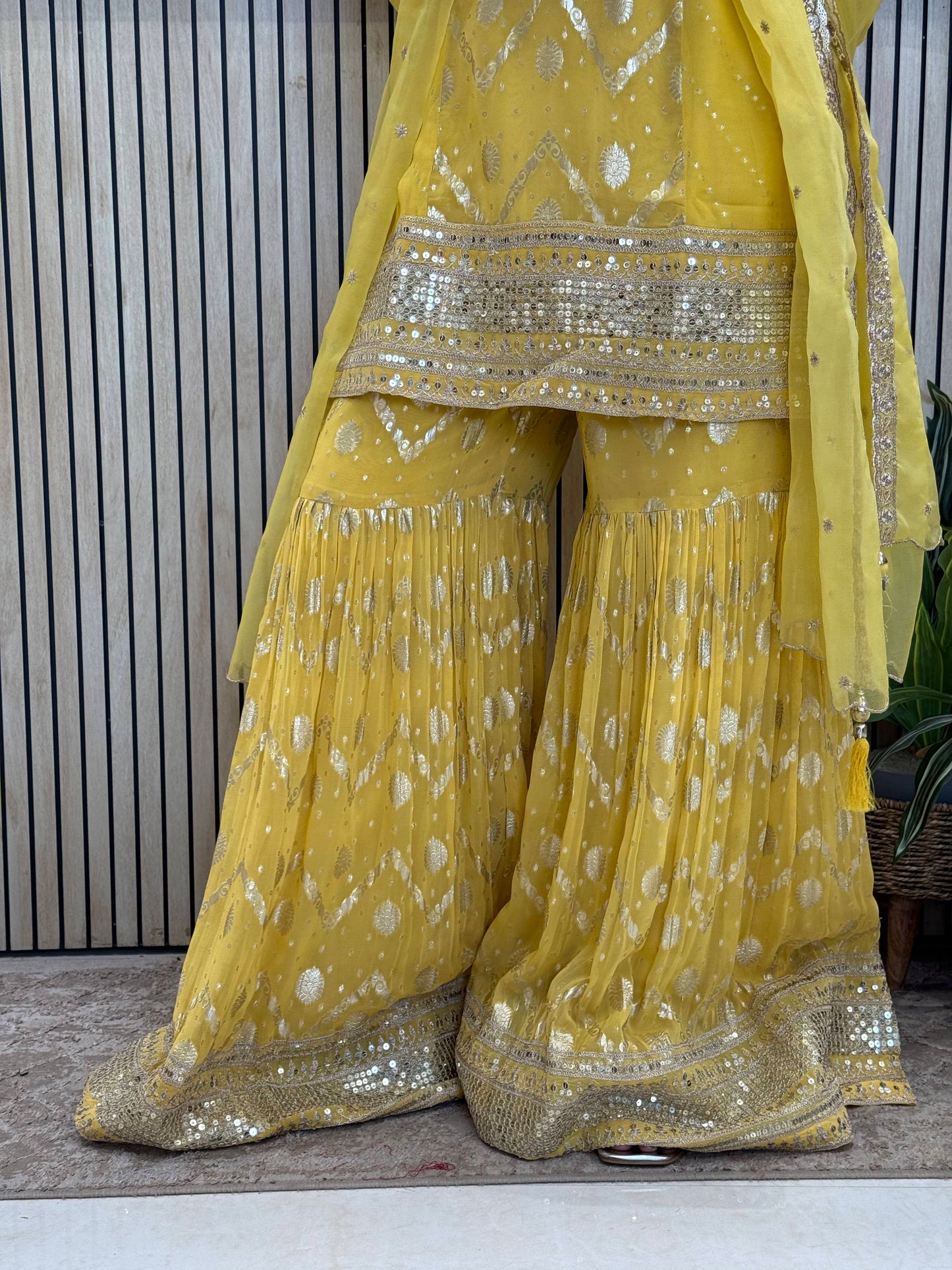 Yellow Khaddi Georgette Garara Suit with Zari, Sequence & Resham Work