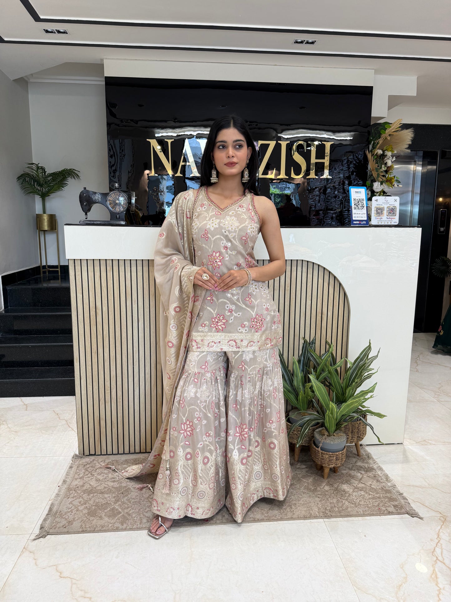 Fawn Dola Silk Garara Suit
Designer Garara Suit with Zari Work
Wedding Wear Dola Silk Garara Dress
Party Wear Garara Suit with Handwork Neck
Festive Garara Suit with Zari Dupatta