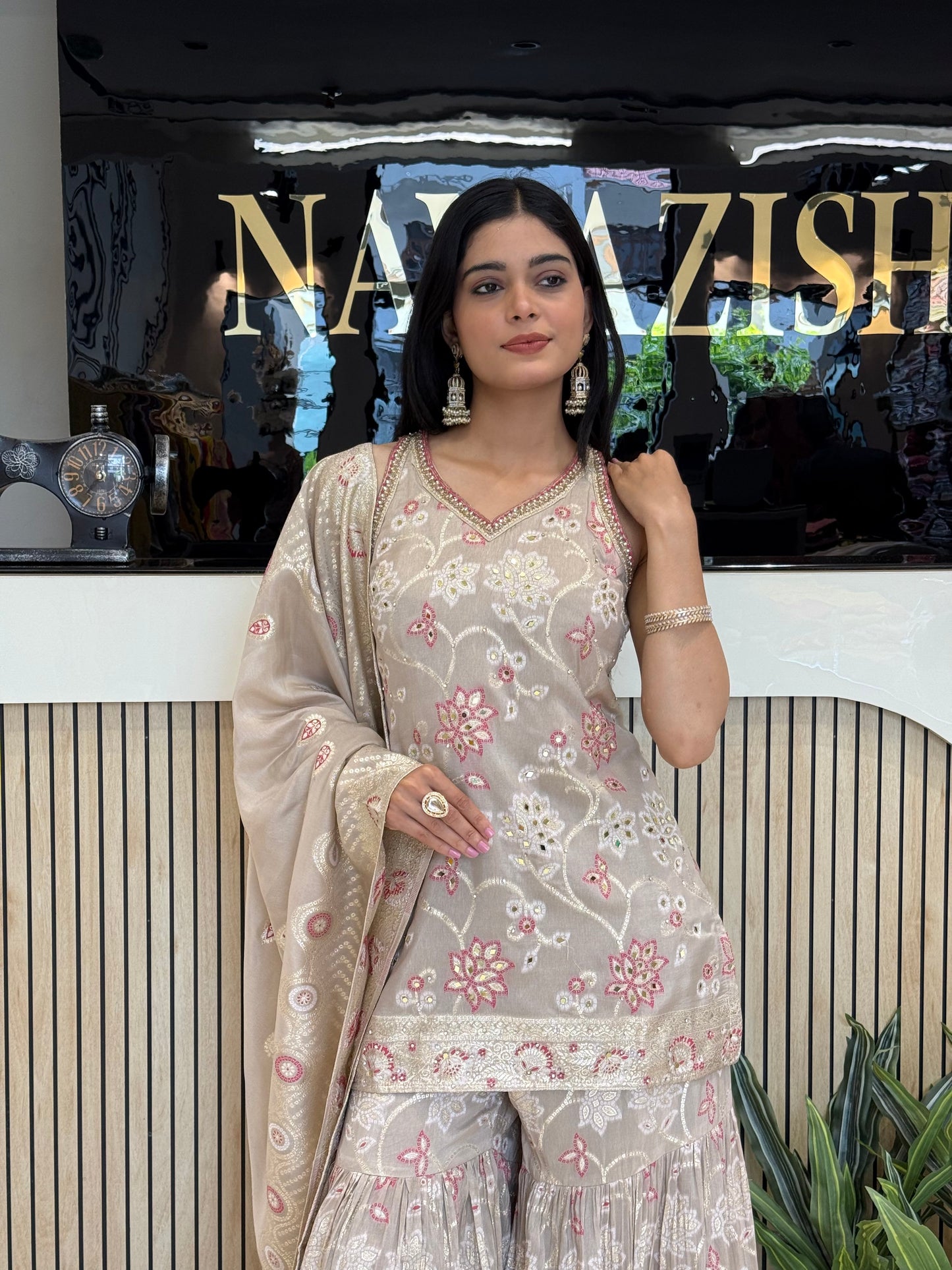 Fawn Dola Silk Garara Suit with Zari Work & Handwork Neck Design