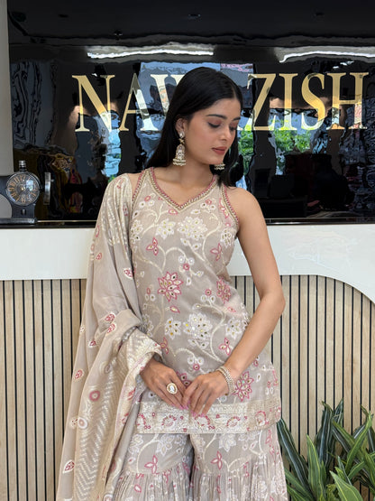 Fawn Dola Silk Garara Suit with Zari Work & Handwork Neck Design