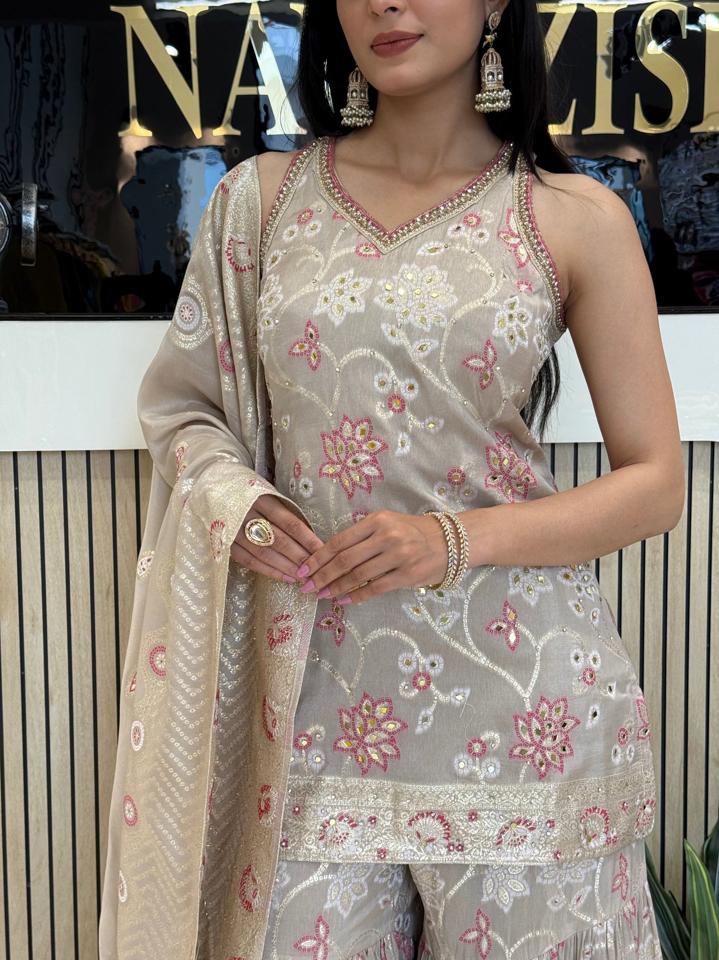 Fawn Dola Silk Garara Suit with Zari Work & Handwork Neck Design