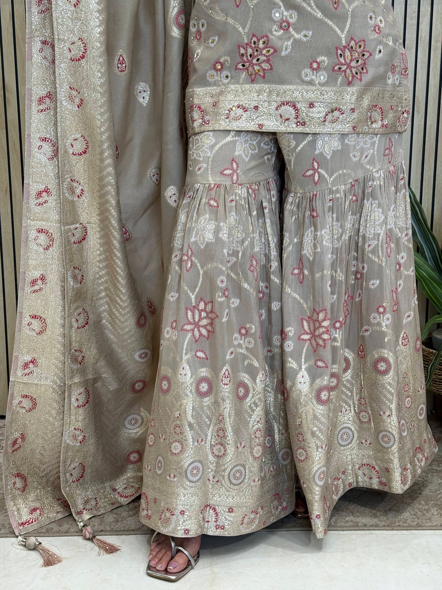 Fawn Dola Silk Garara Suit with Zari Work & Handwork Neck Design