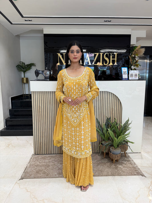 Yellow Georgette Garara Suit
Designer Garara Suit with Mirror Work
Party Wear Garara Suit with Kardhana Work
Wedding Wear Yellow Garara Dress
Georgette Garara Suit with Handwork Dupatta