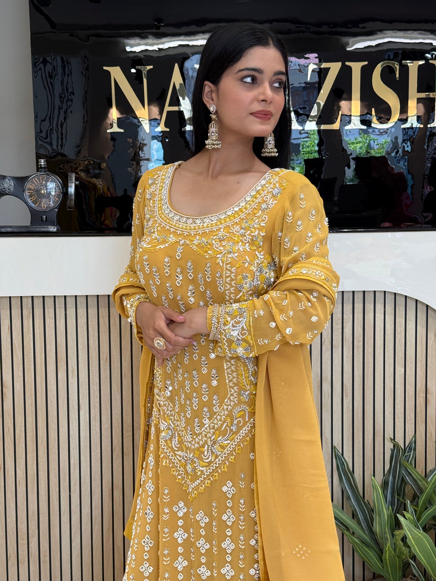 Yellow Georgette Garara Suit with Kartdana, Sequins and Mirror Work
