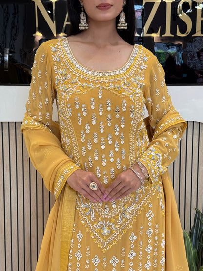 Yellow Georgette Garara Suit with Kartdana, Sequins and Mirror Work