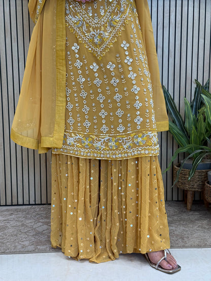 Yellow Georgette Garara Suit with Kartdana, Sequins and Mirror Work