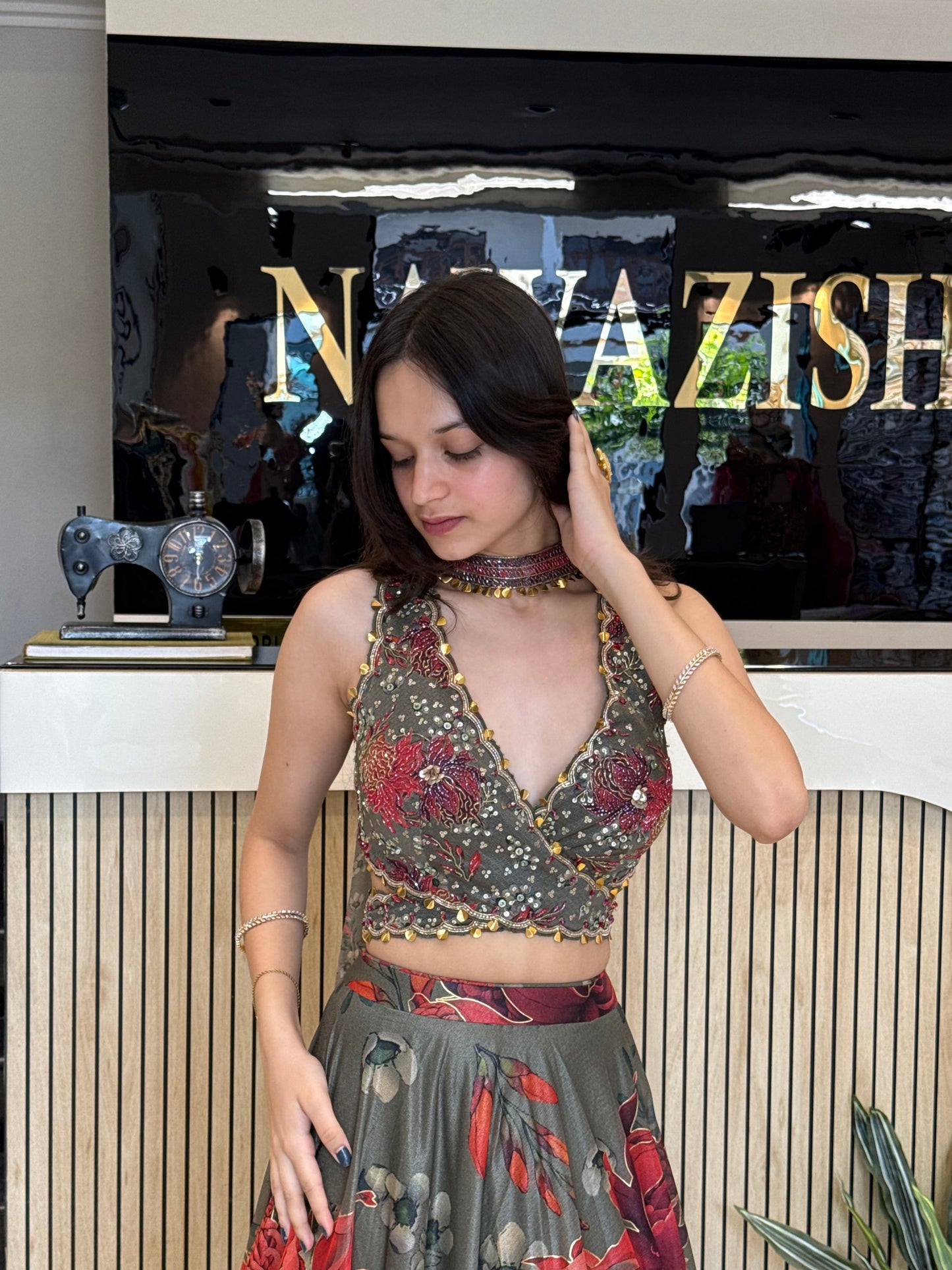 Halter Neck Olive Crop Top Skirt Set