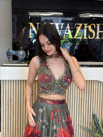 Halter Neck Olive Crop Top Skirt Set