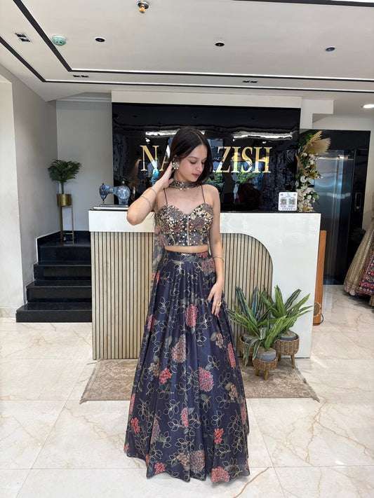 Black Tissue Crop Top Skirt Set
Designer Crop Top with Floral Print
Party Wear Crop Top Skirt with Handwork
Wedding Wear Black Crop Top with Dupatta
Tissue Crop Top Skirt Set for Women