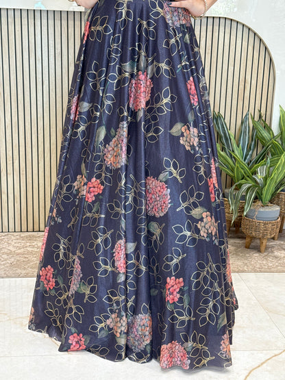 Blue Corset Crop Top Skirt Set with Floral Print & Handwork