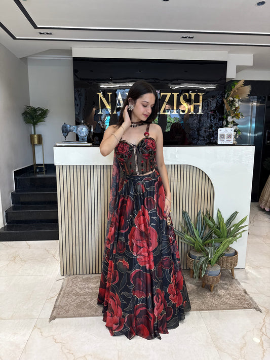 Black Crop Top with Lycra Skirt Set with Forbidden Roses